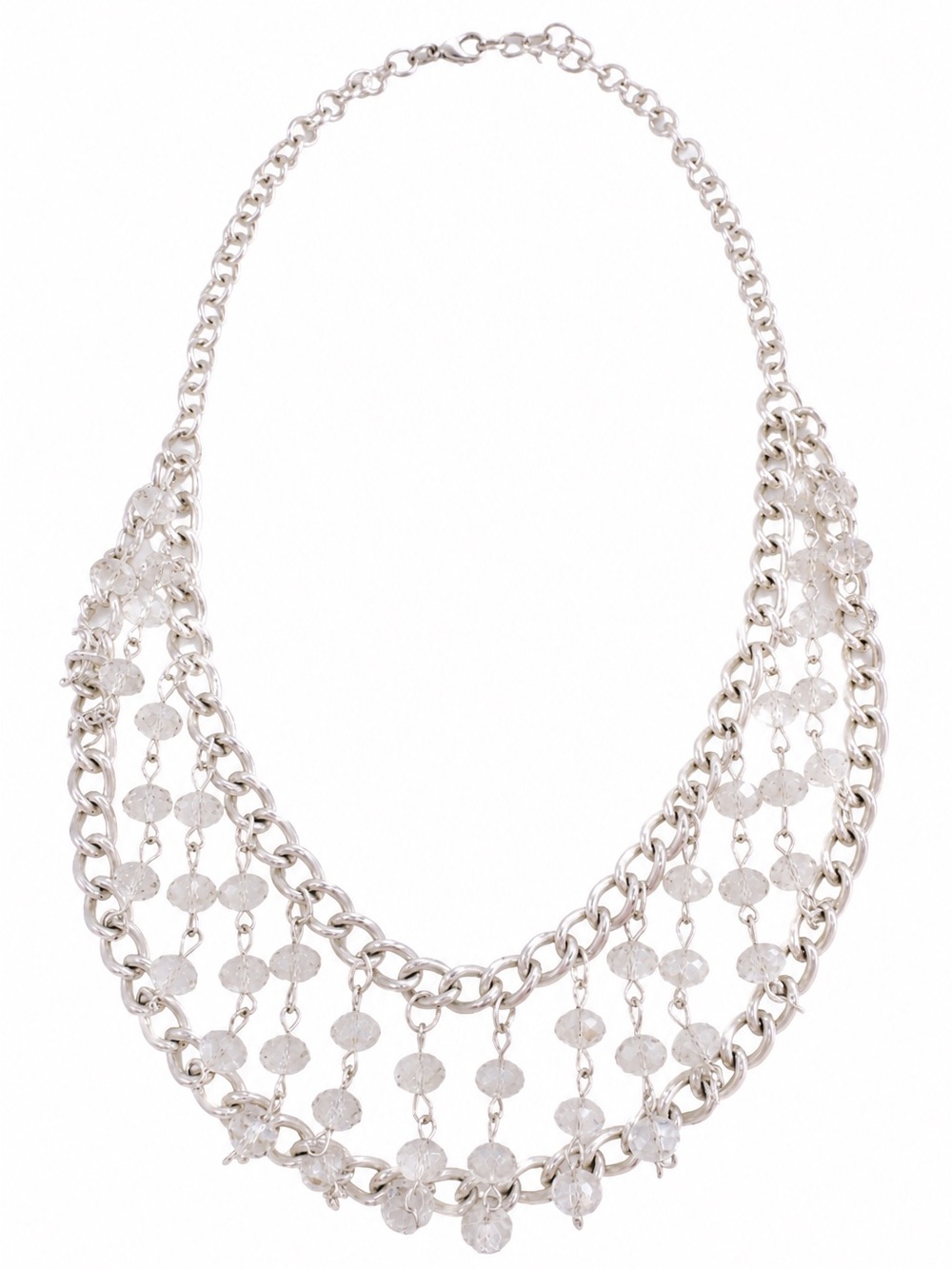 CG Signed Chainmail Silvertone Chain N Clear Crystal Beads Bib Collar Necklace